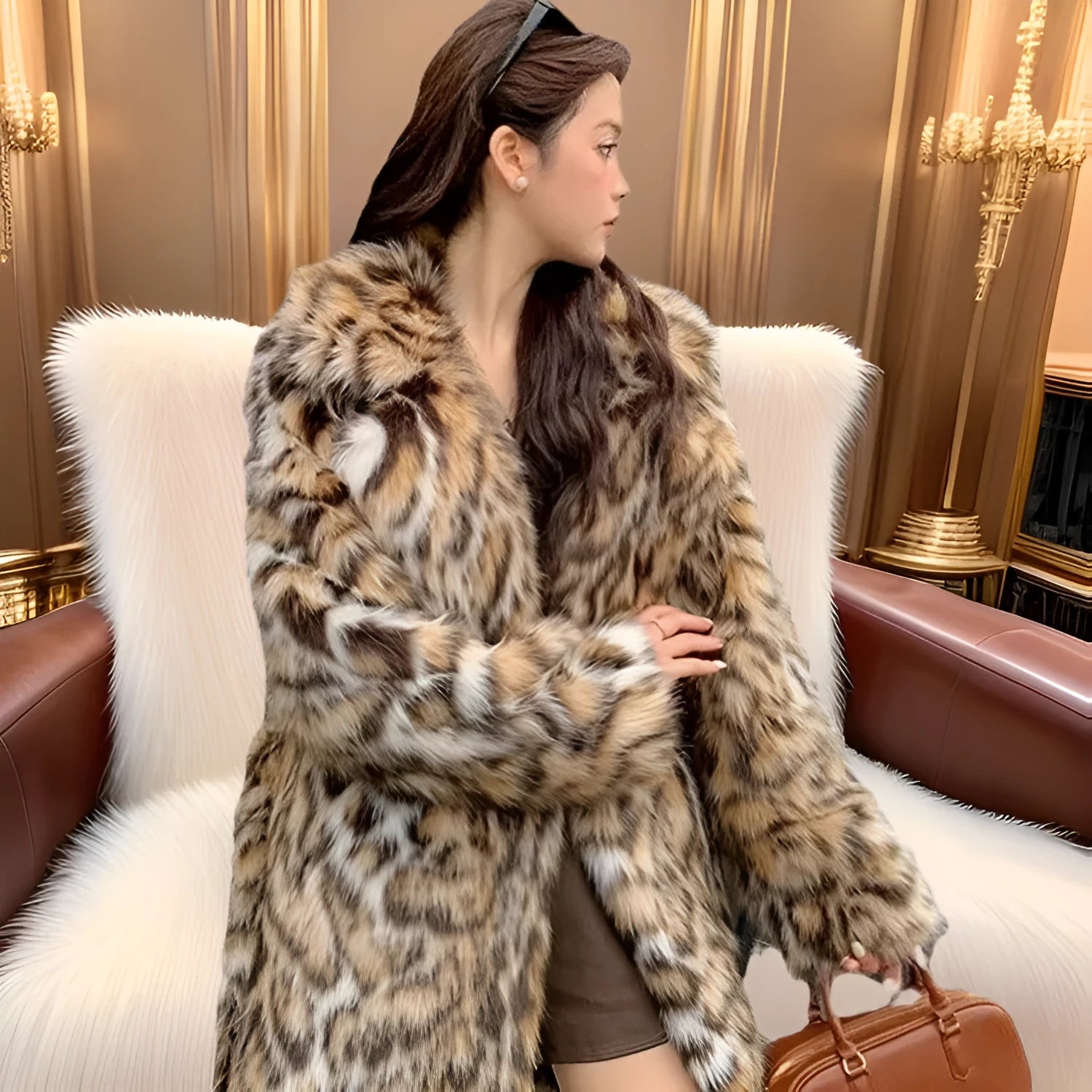 A long faux fur street fashion coat with a fur collar and pockets, shown in an urban setting.
