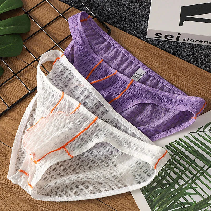 Men's ice silk lace low waist briefs for sports in solid colours.