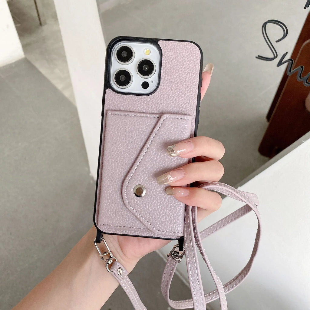 Lychee pattern crossbody phone case with card holder in Brown for iPhone 14