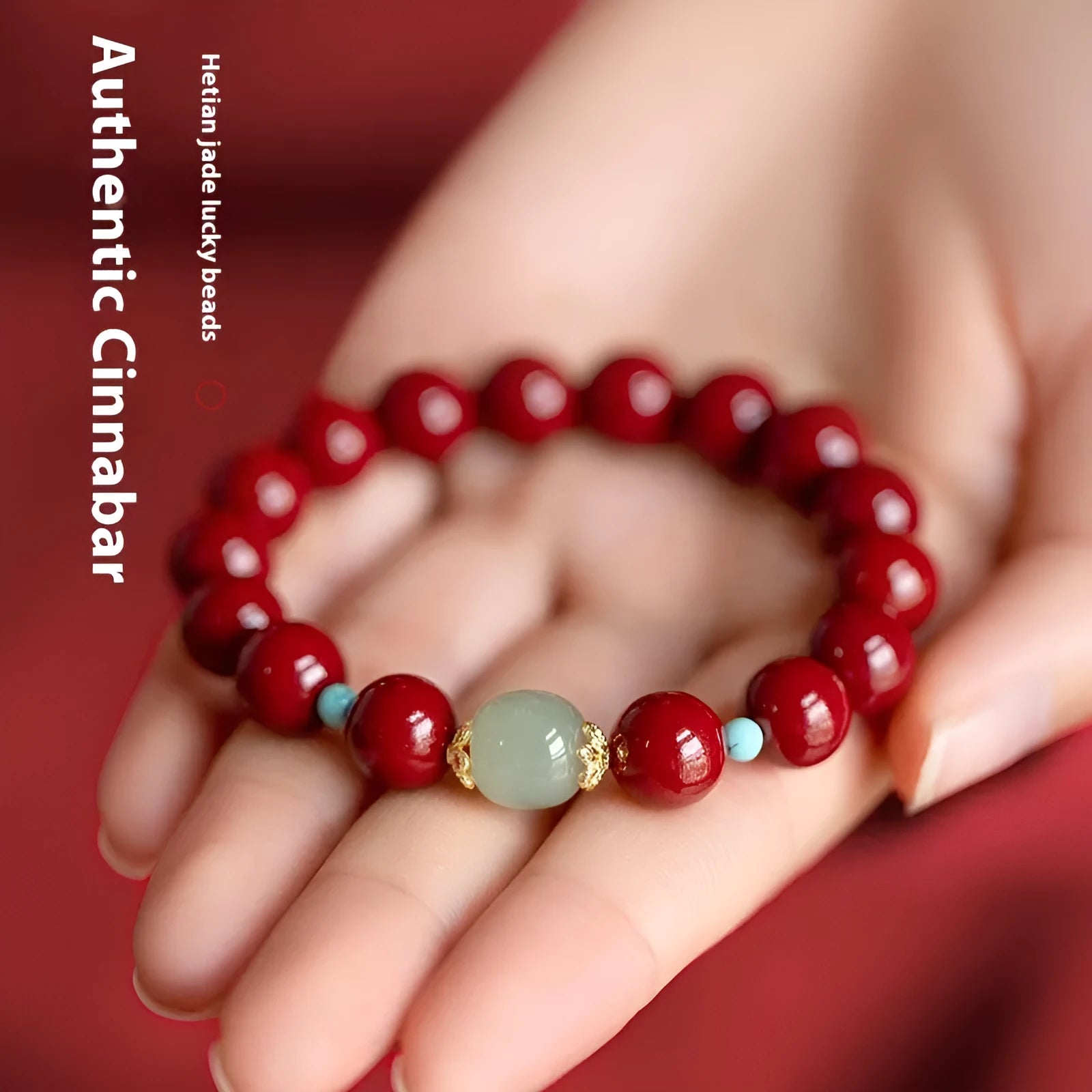 Geometric cinnabar and Hetian jade bead bracelet in purple gold sand colour on a wrist.
