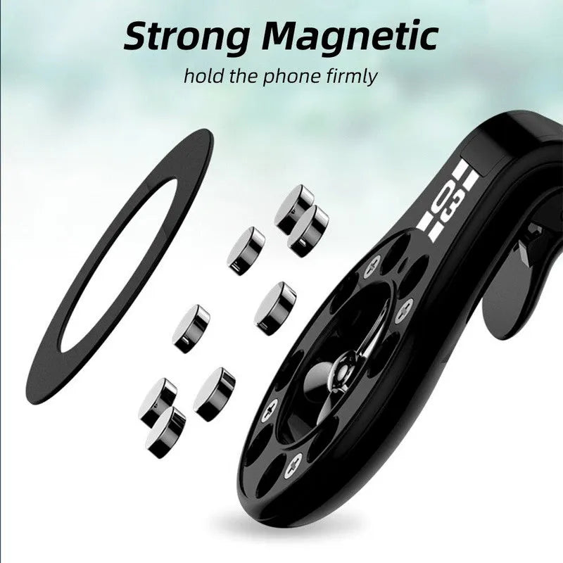 Magnetic car phone holder mounted on air vent with smartphone attached