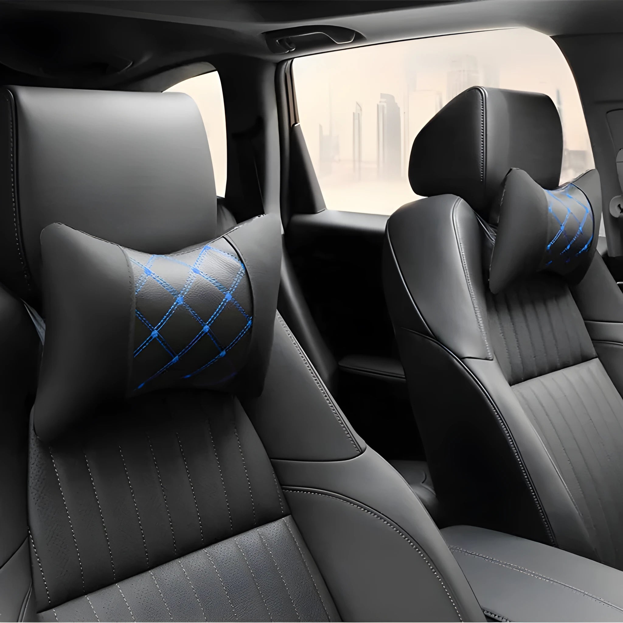 Black quilted car headrest neck pillow with diamond pattern and contrasting stitching