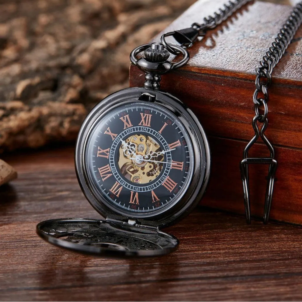 Retro automatic mechanical pocket watch with hollow floral dial and transparent back showing movement