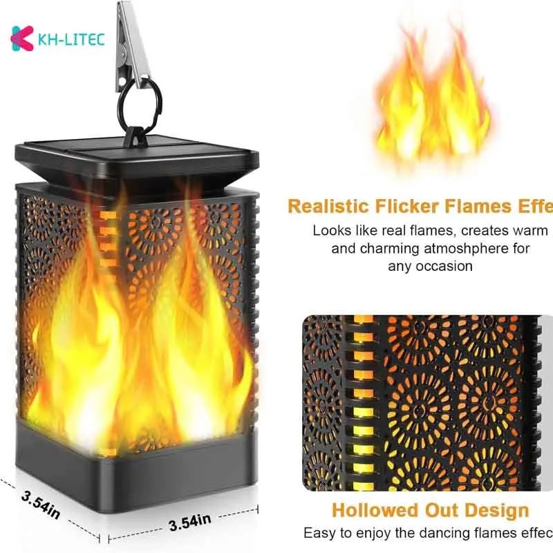 Set of four black solar-powered LED lanterns with flame flicker effect for outdoor garden use.