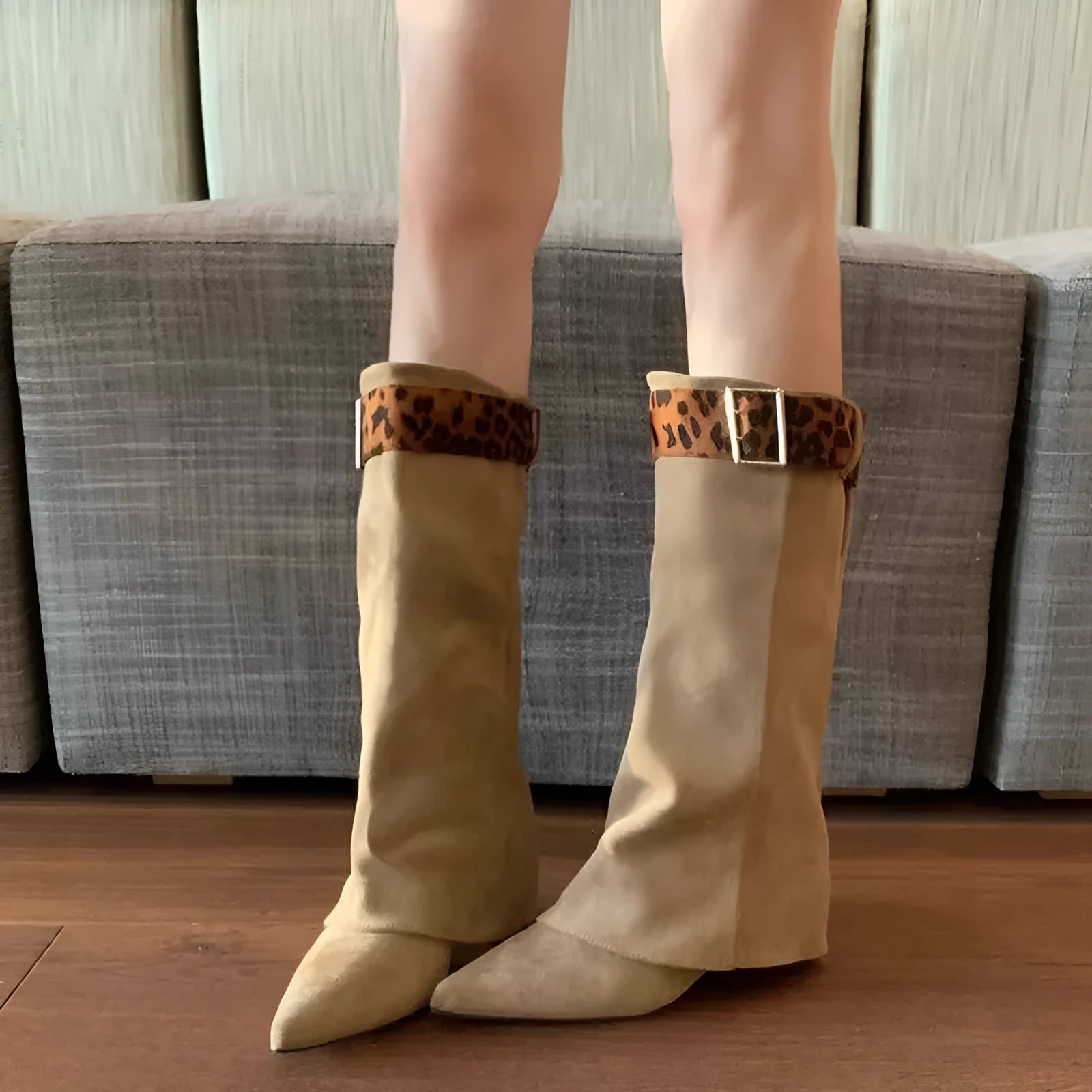 Women's retro Western mid-calf boots with belt buckle, square toe, and front lace-up in khaki colour
