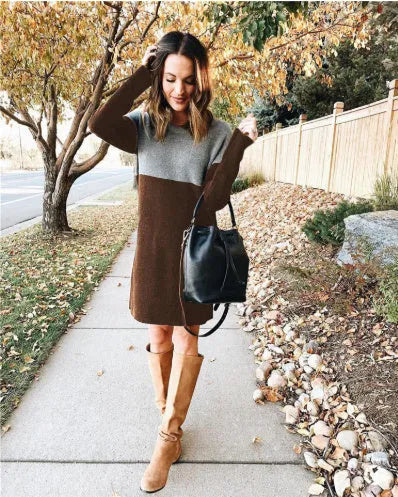 Brown polar fleece patchwork dress with long sleeves and round neck collar