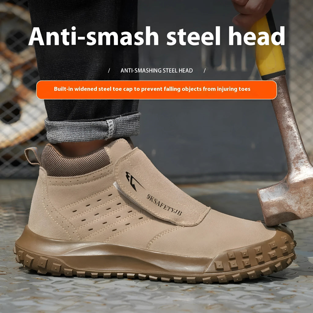 Lightweight welder safety shoes with steel toe cap in sand colour and grey, showing lace-up front and rubber sole.