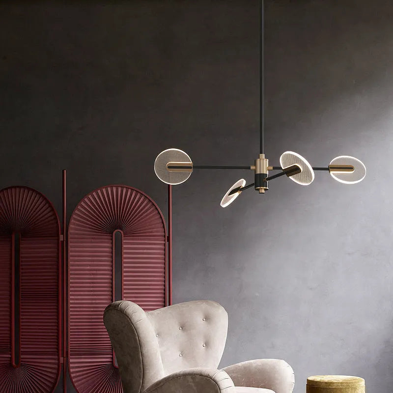 Nordic style iron and acrylic LED chandelier pendant lamp with multiple heads for ceiling mounting.