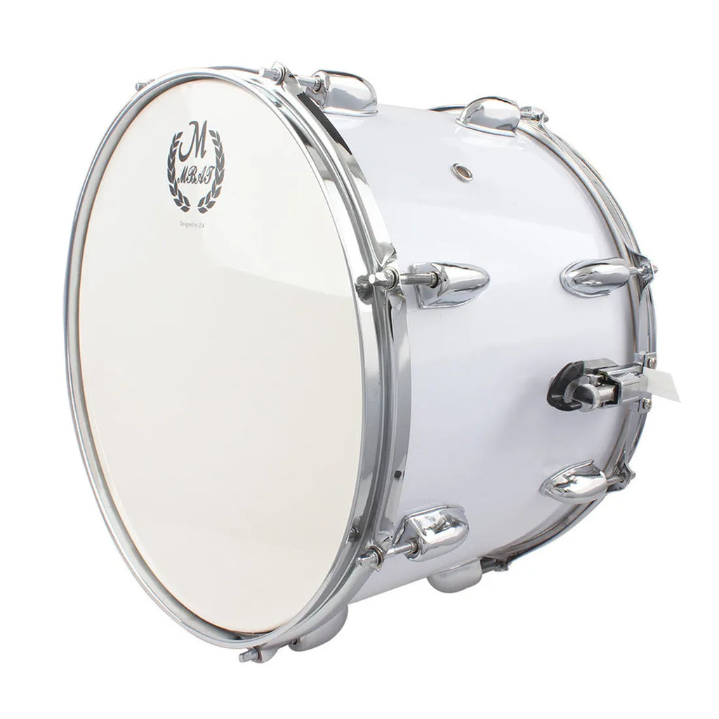 Mebet 14-inch white stainless steel snare drum with strap and drum stick on flat surface
