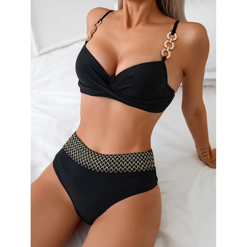 Black bikini swimsuit set with sleeveless top and briefs, made from polyester.