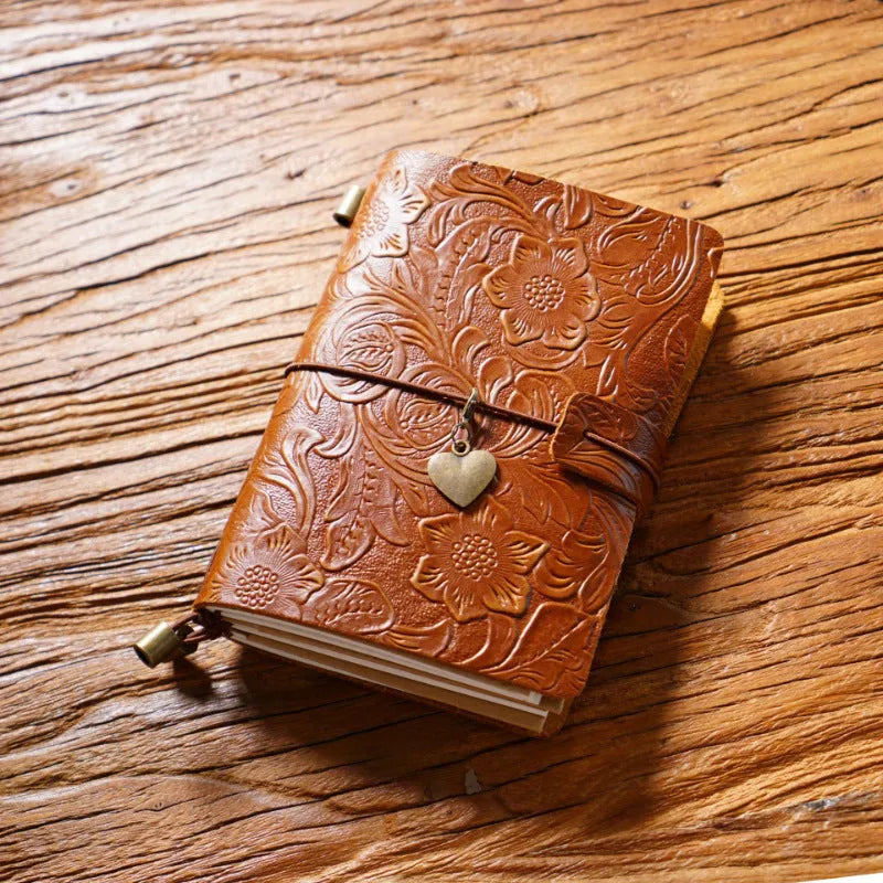 Creative vintage engraving cowhide travel notepad in black A5 size with genuine leather cover