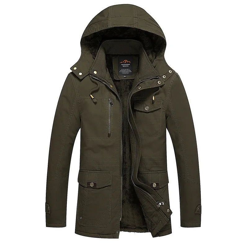 Men's fleece-lined warm cotton jacket in khaki, long sleeves, casual European and American style