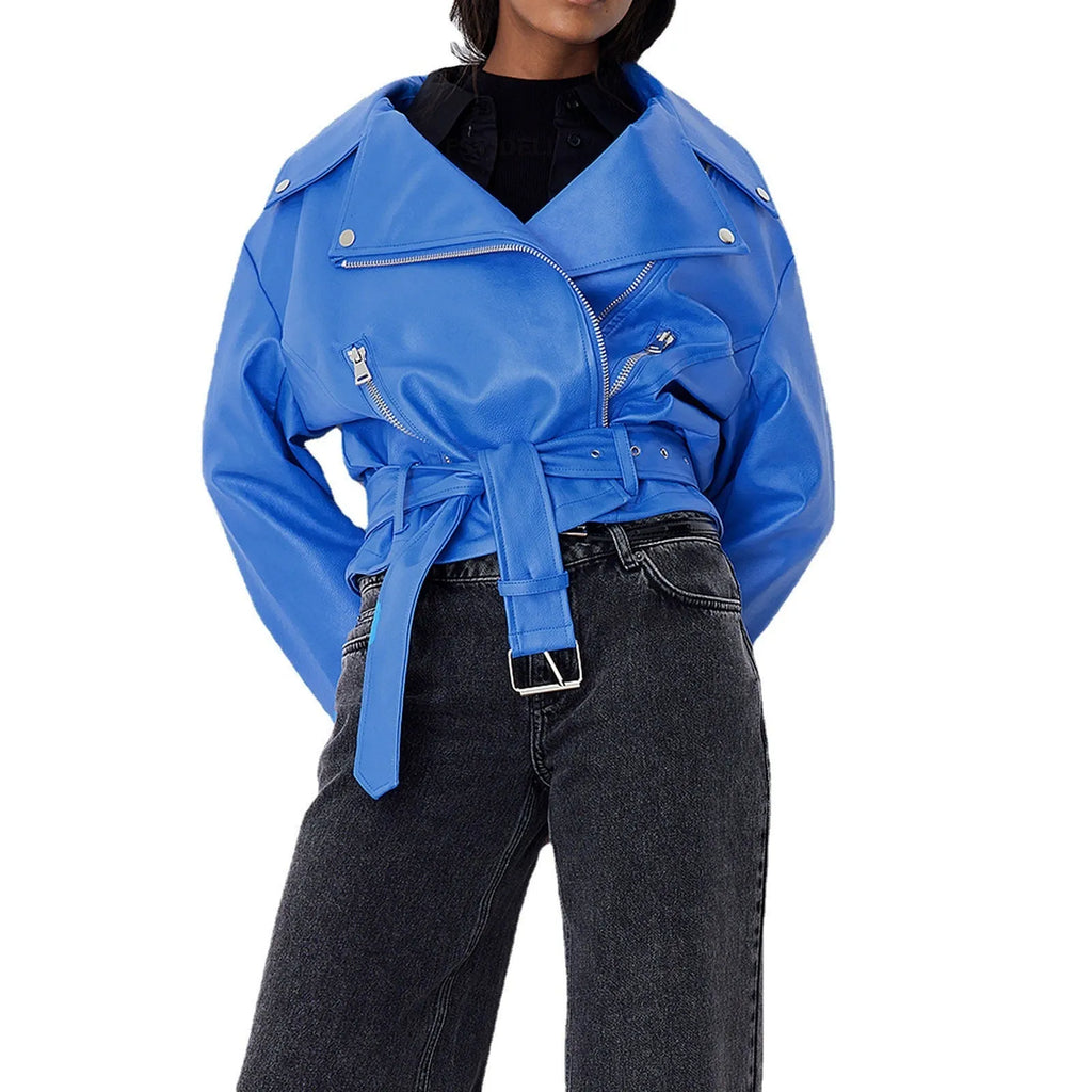 A black punk-style short jacket with a Peter Pan collar and a drawstring waist.