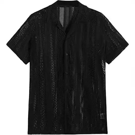 Man modelling a black short-sleeved knitted button shirt with jacquard texture