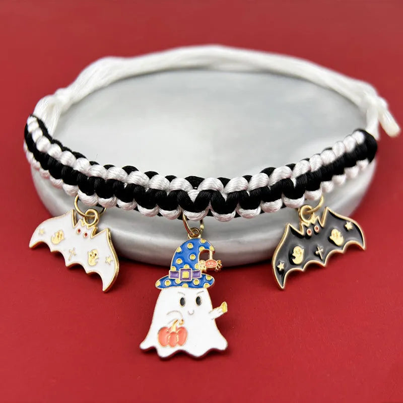Zinc alloy hand-woven Halloween pet collar with geometry pattern, adjustable 15-38cm, black and orange pumpkin bat style