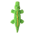 Green crocodile-shaped plush dog toy with squeaker in head and crinkle paper tail