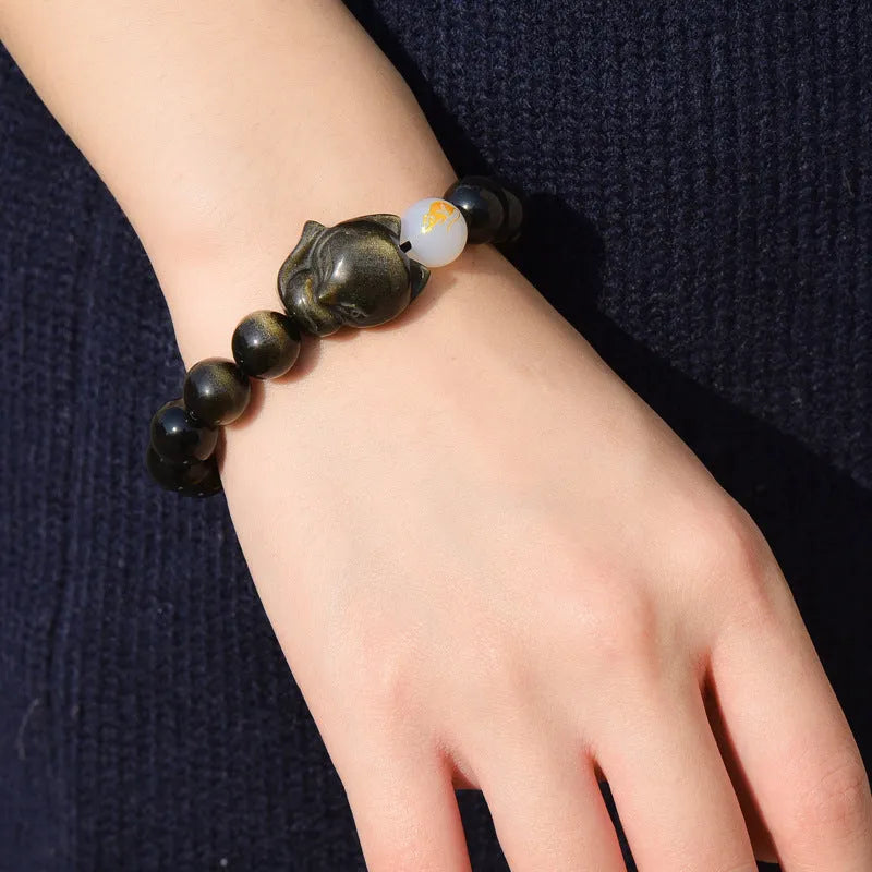 Natural obsidian zodiac guardian bracelet with 10mm beads in three style variations