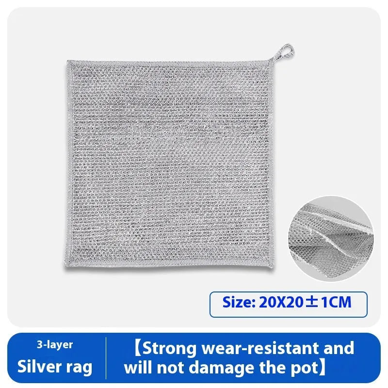Silver double-sided kitchen scouring pad with a steel wool side and a grey microfiber rag side.