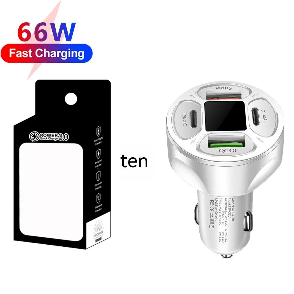 66W digital display car charger with four USB and Type-C ports for fast charging