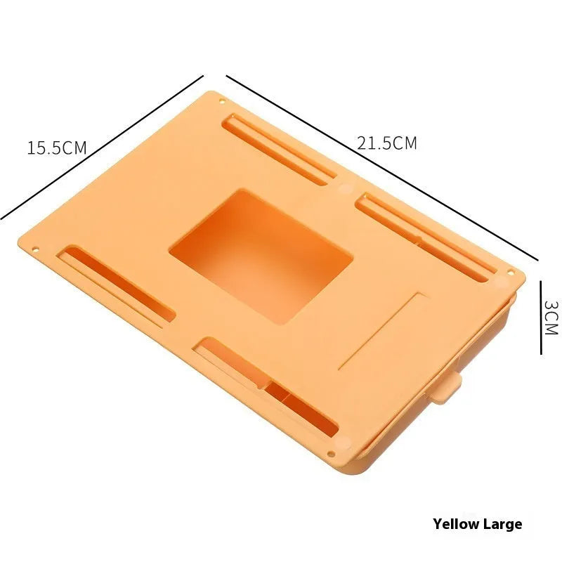 White adhesive under desk storage drawer with lid open, showing interior grid divider.