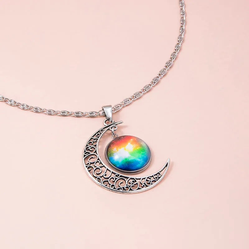 Silver hollow moon pendant necklace with glass star on Figaro chain 40cm women