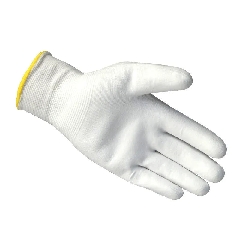 White PU coated work gloves showing textured grip, in sizes M and L, sold in a pack of 10 pairs.