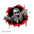 Reflective metal skull car bumper sticker with colourful broken shell design measuring 15 by 14 centimetres