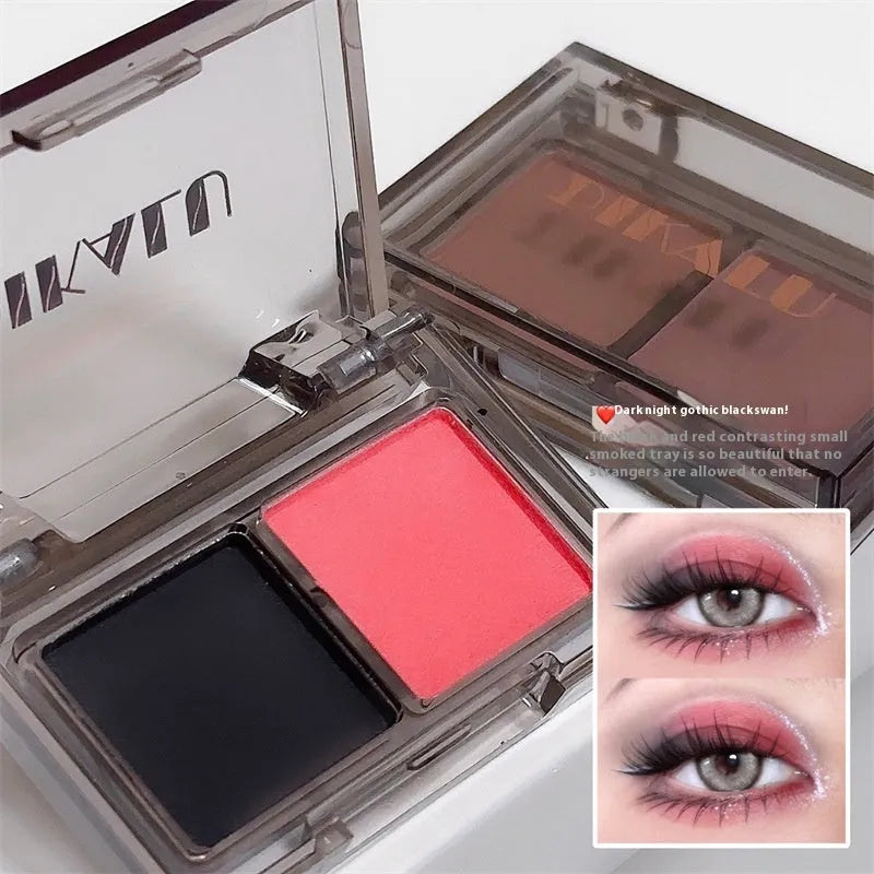 Cool two-tone eyeshadow plate showing pink and black shades with matte and shimmer finishes