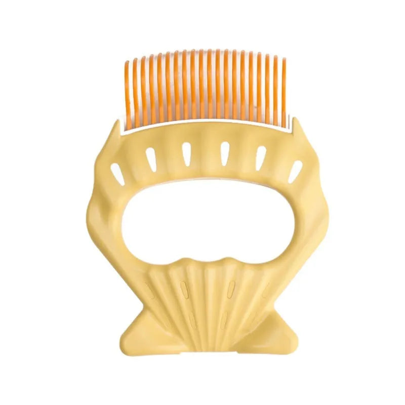 Green shell-shaped plastic pet grooming comb with bent wire bristles and an anti-slip handle.
