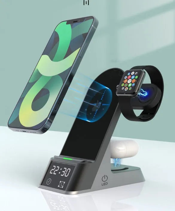 Black six-in-one wireless charging alarm clock station with digital display and charging pad.