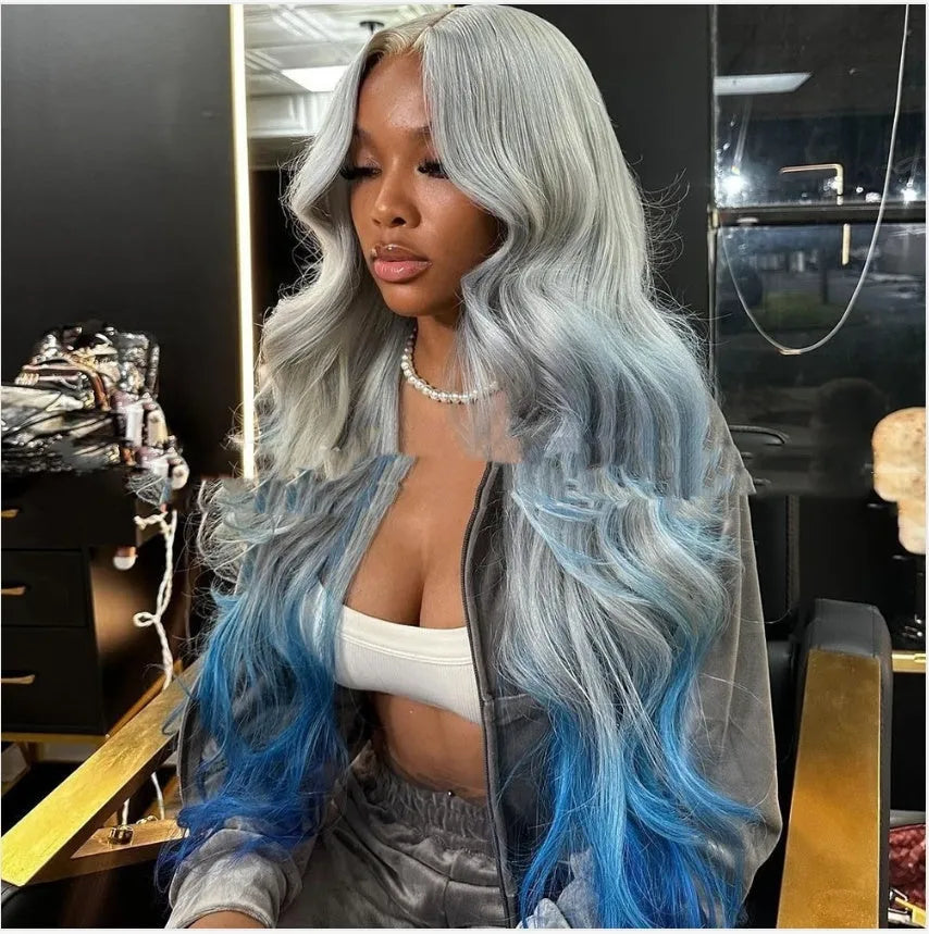 Grey to blue gradient human hair lace front topper on a wig stand.