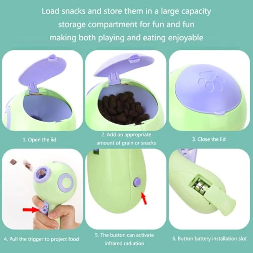 Green pet treat launchers toy showing treat dispensing mechanism and remote feeding function