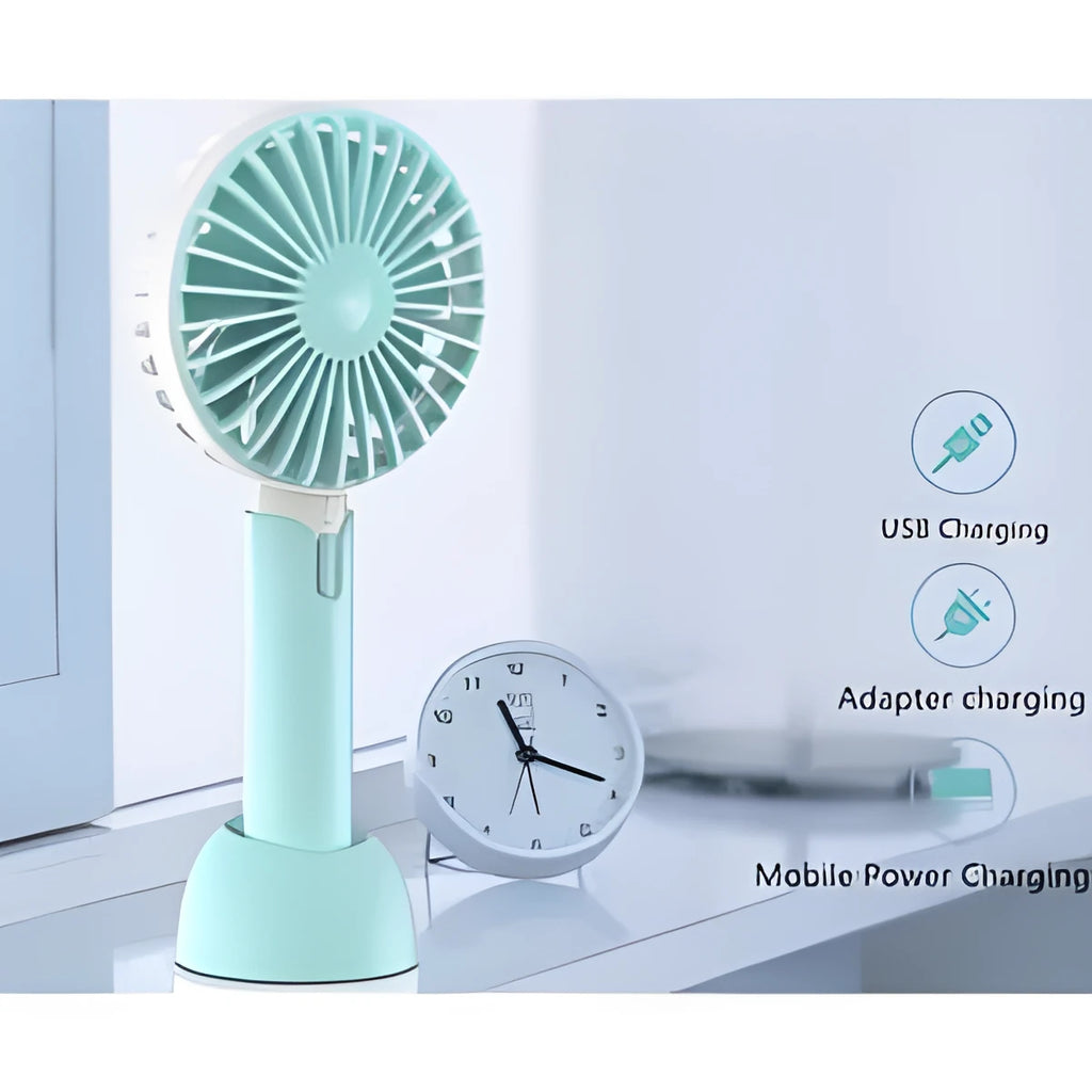 Blue handheld mini silent USB desktop electric fan with oscillating head and three-speed control