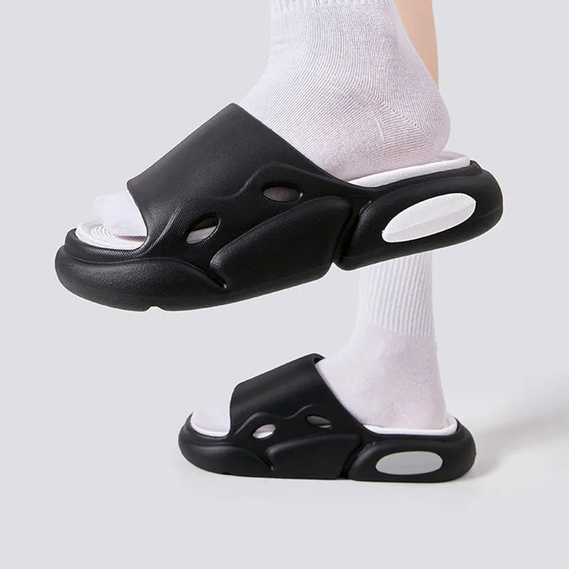 Two-tone thick-soled EVA slippers for men and women in pink purple, white green, or black and white.