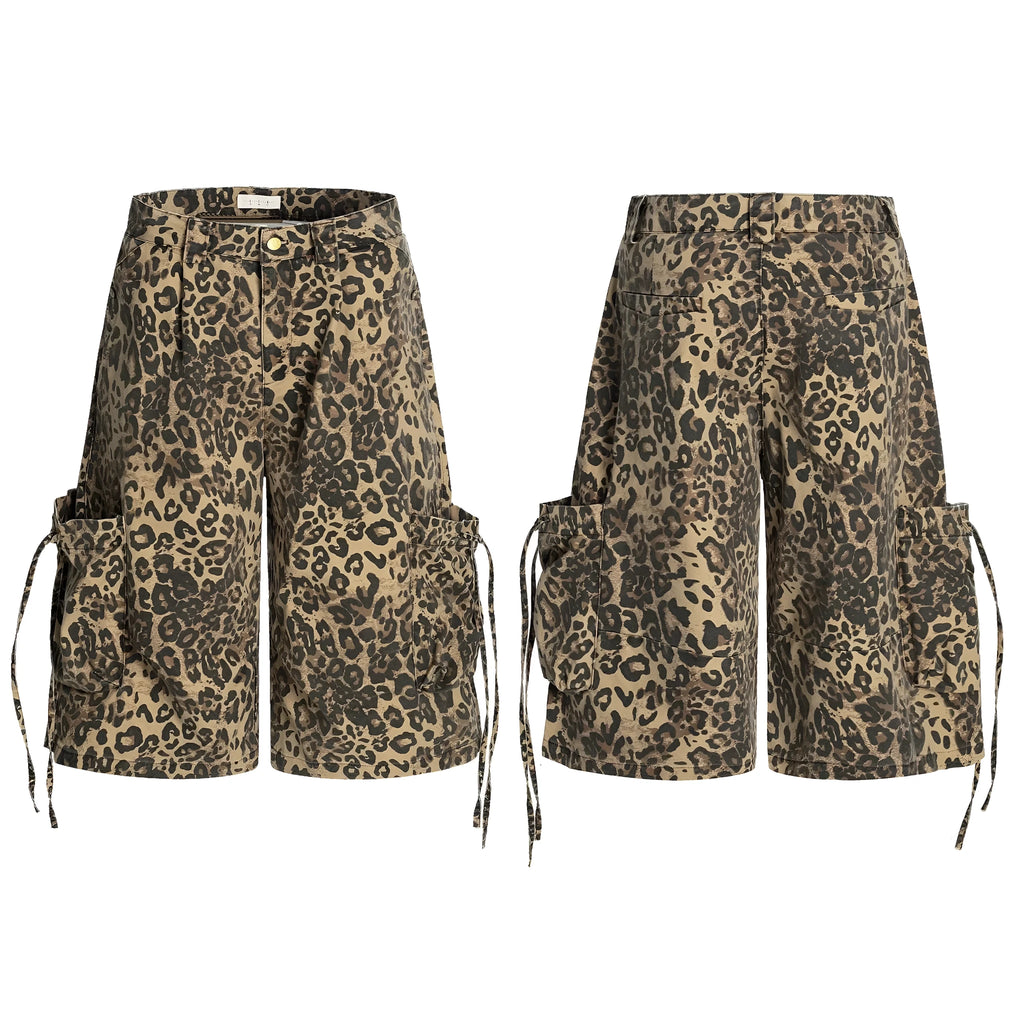 Leopard print cotton cropped pants with high waist and loose straight fit