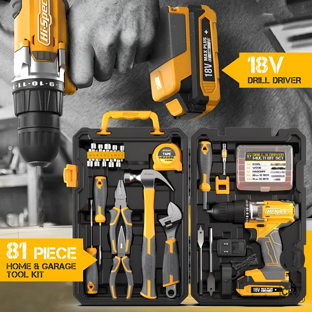 Grey yellow 82-piece chrome-vanadium steel tool combo set in a case for furniture installation.