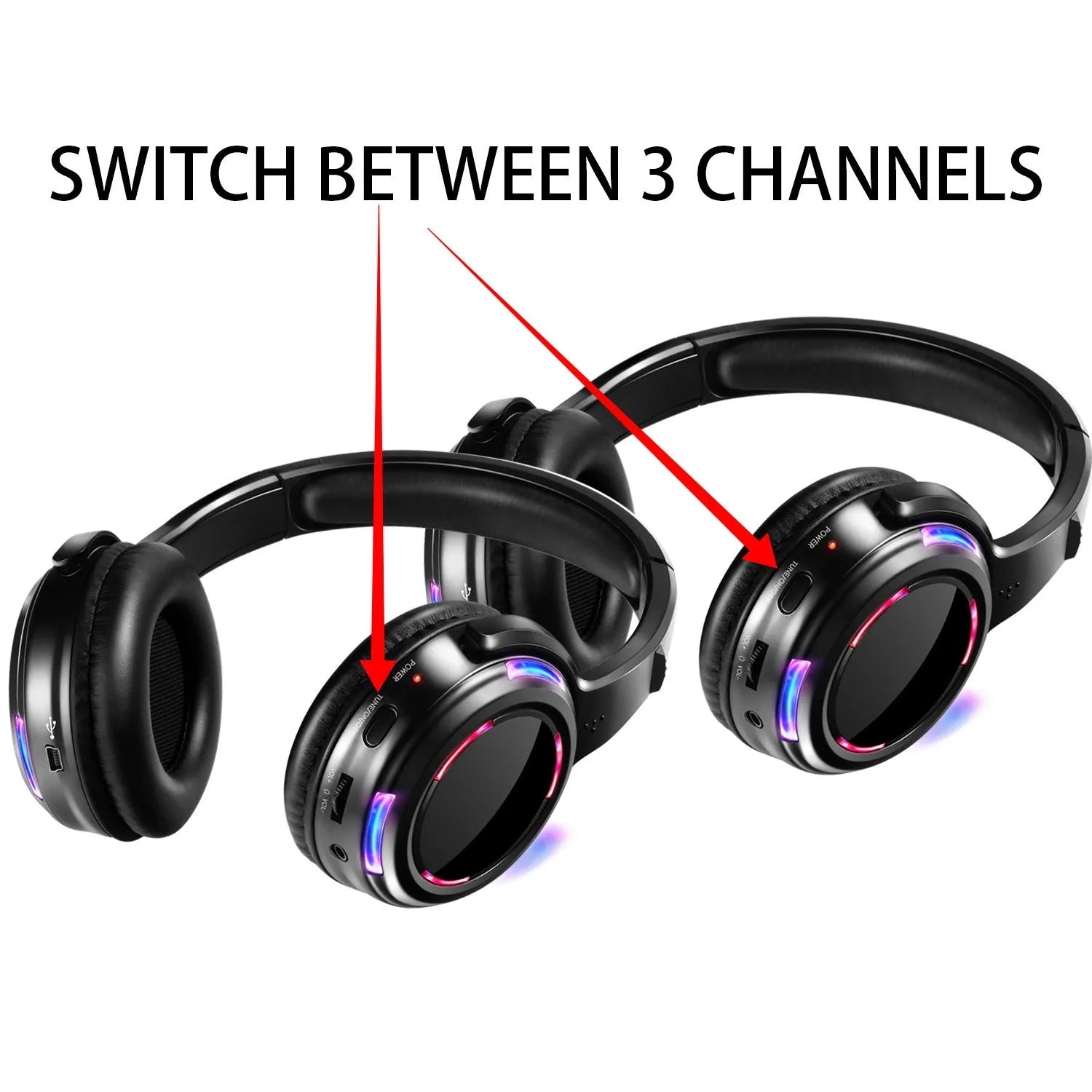 Black silent disco wireless headphones with 40mm drivers and 3.5mm plug for party use
