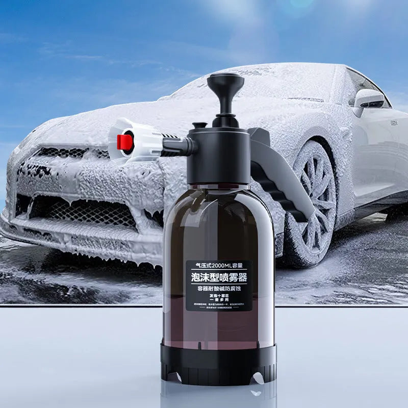 Black hand-held 2 litre foam sprayer watering can with comfortable handle for car washing and plant watering