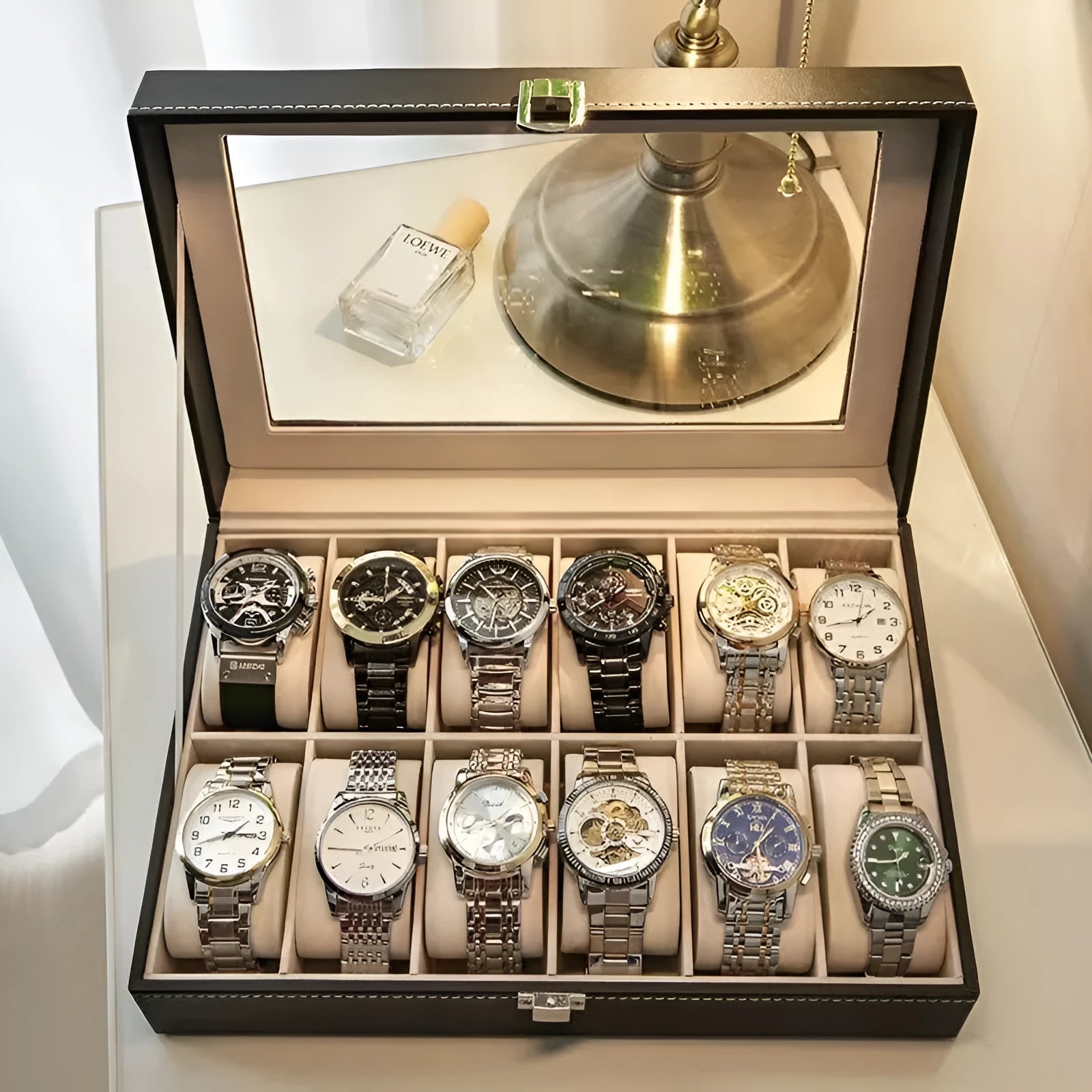 Grey high-grade leather watch storage box with a clear see-through lid showing internal compartments.