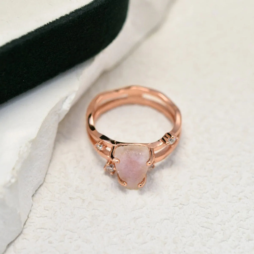 S925 sterling silver geometric triangle moonstone ring showing rose gold, white gold and yellow gold electroplated finish options.