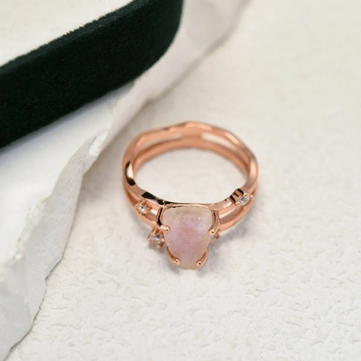S925 sterling silver geometric triangle moonstone ring showing rose gold, white gold and yellow gold electroplated finish options.