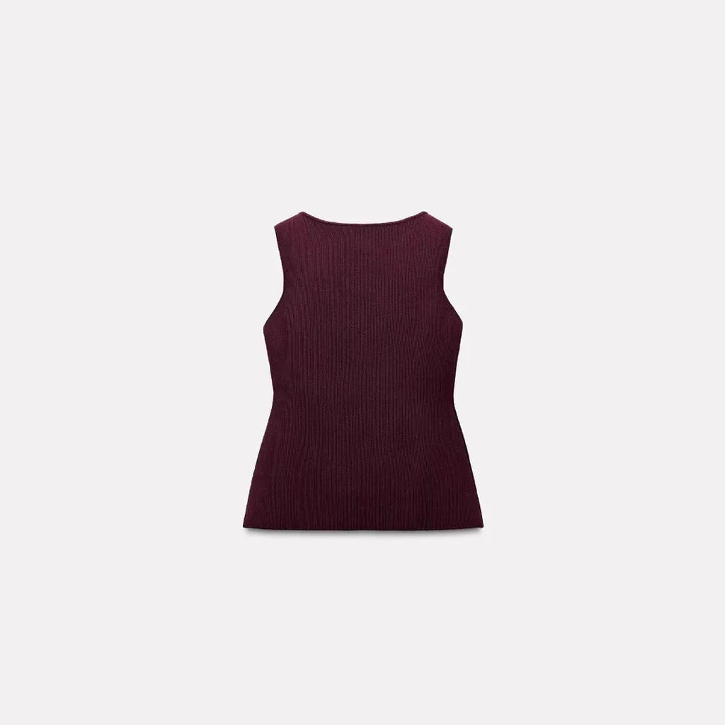 Dark red slim-fit cardigan vest with gold buttons and a 3D textured pattern, laid flat.