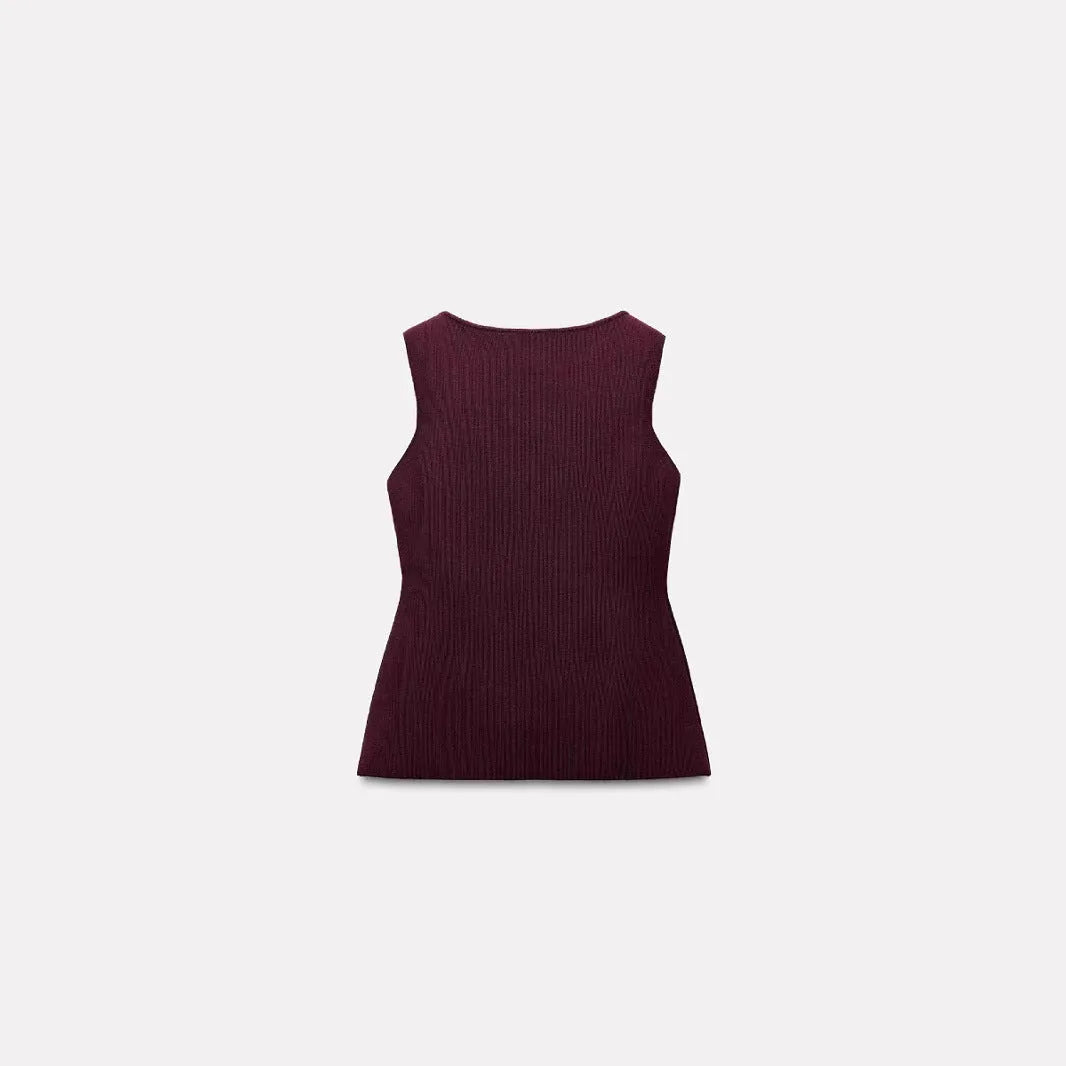 Dark red slim-fit cardigan vest with gold buttons and a 3D textured pattern, laid flat.