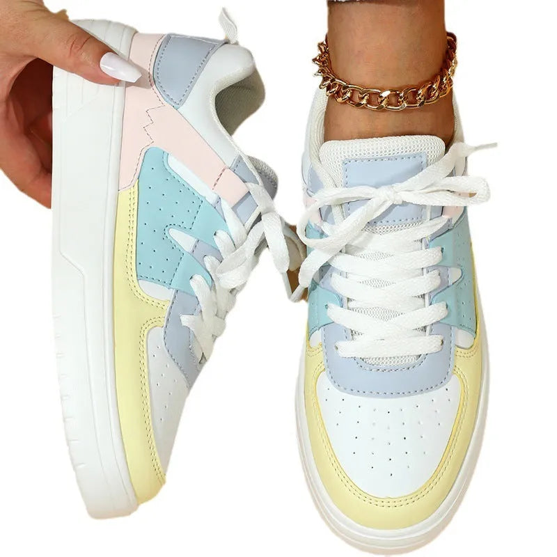Lace-up outdoor casual flat shoes in white and yellow moon colour, PU mesh upper, round toe, low top design