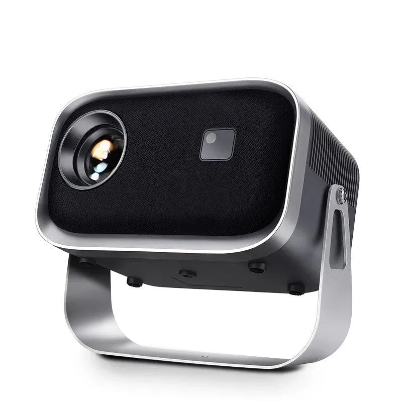 Home HD Portable Projector with bracket on table showing movie scene on wall
