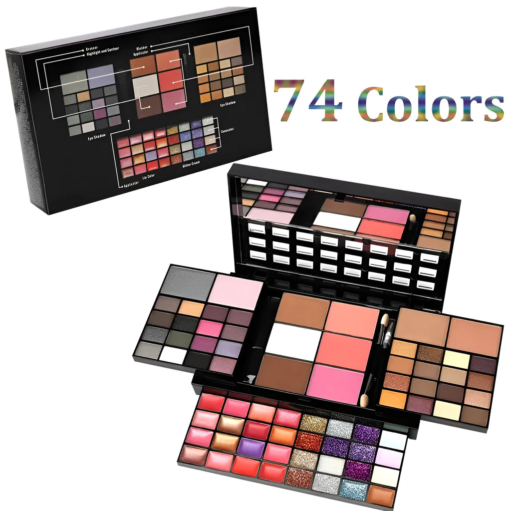 Open 74-colour makeup palette showing four layers of eyeshadow, lip gloss, blush, and contour powders with included brushes.
