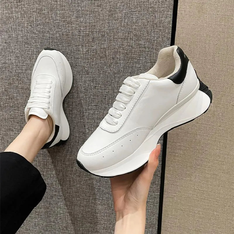 Women's leather sports casual shoes white tail colour, high top raised bottom, two-layer cowhide upper, round toe lace-up
