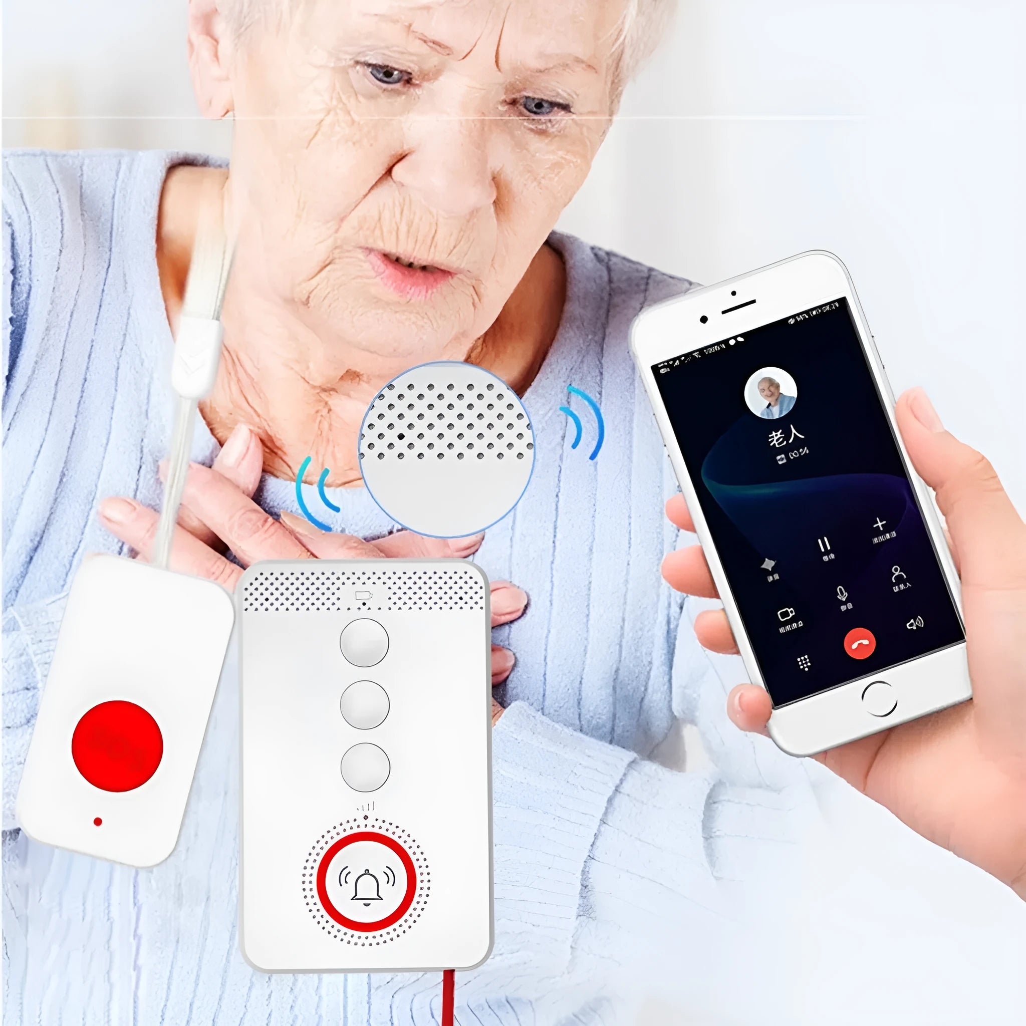 White elderly emergency alert device with a central buzzer unit and three wireless call buttons.