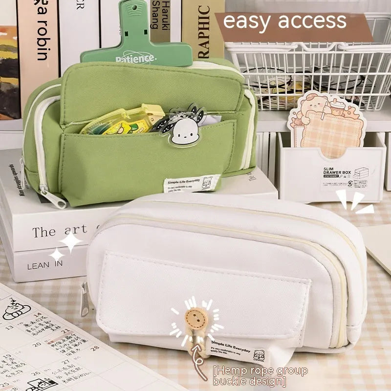 Green canvas pencil case with large capacity for 80 pens, Korean style stationery bag.
