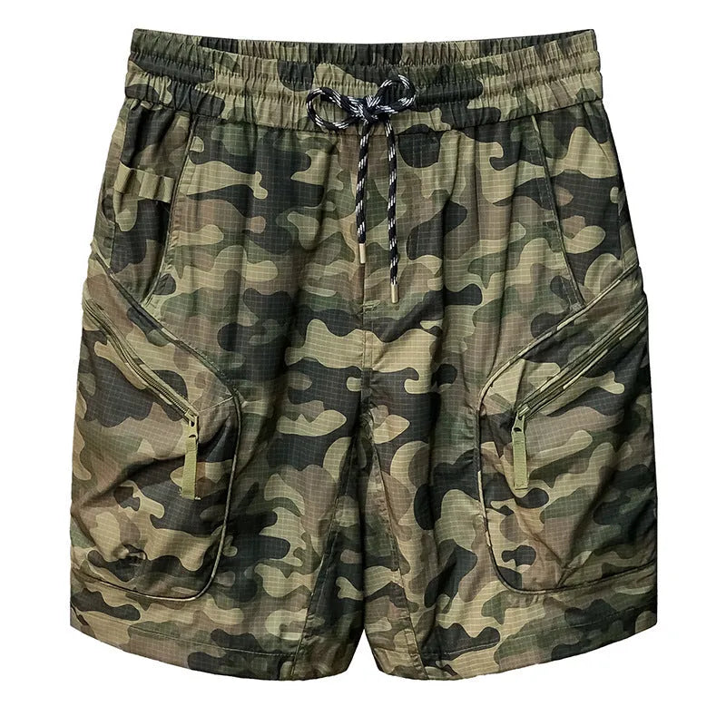Men's camouflage pattern cargo shorts shown in loose knee-length fit on a mannequin